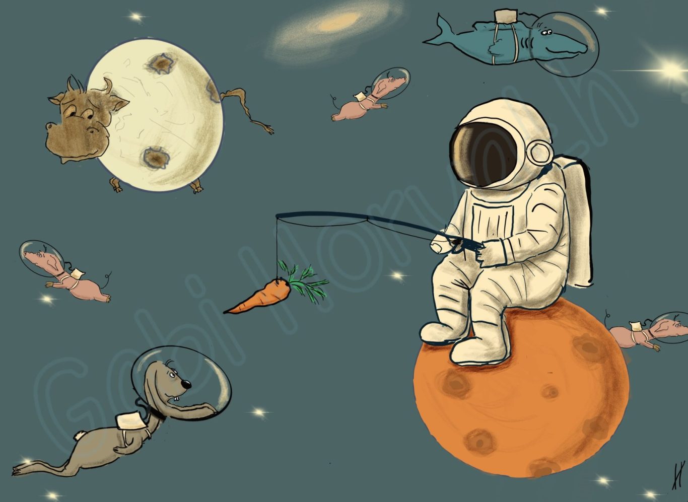 Weltraumjäger Ein Astronaut sitzt auf einem Planeten und versucht mit einer Karotte einen Weltraumhasen zu angeln.